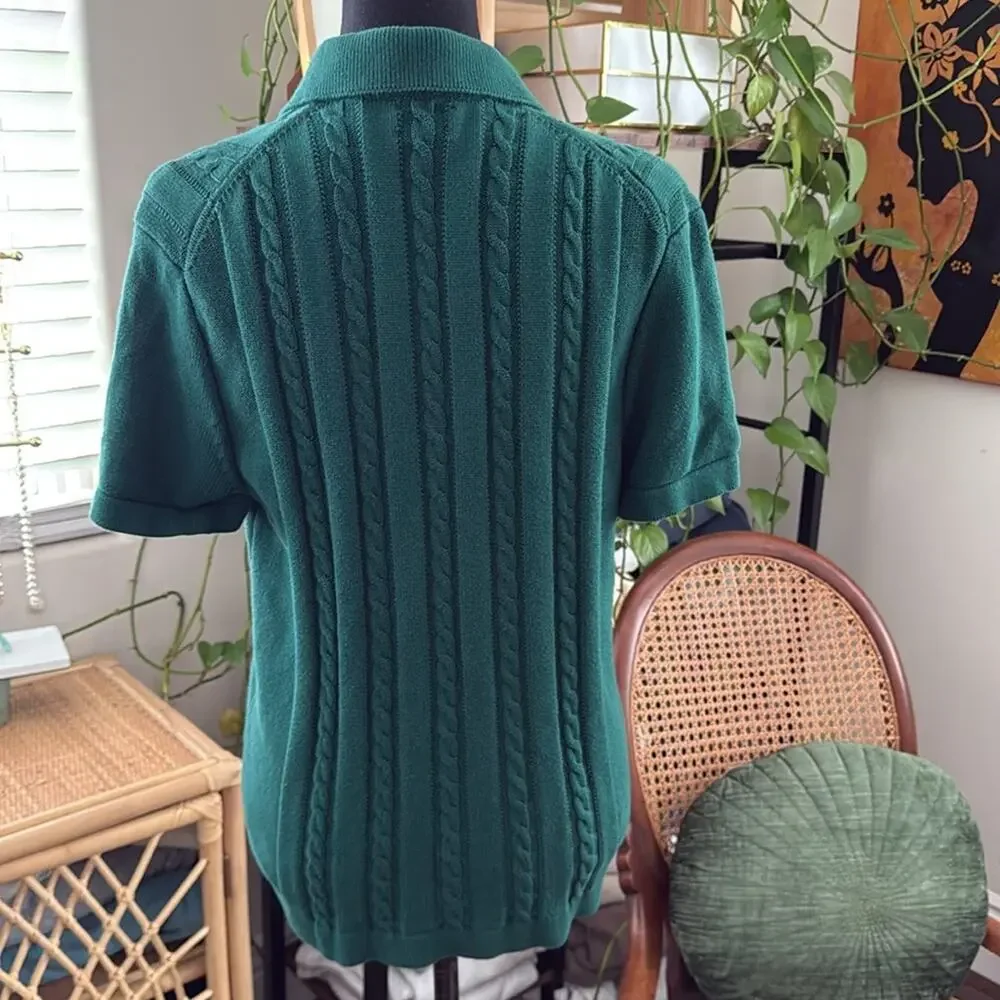 J.Crew Emerald Green Cable Knit Button Up Short Sleeve Mad Men Polo Sweater